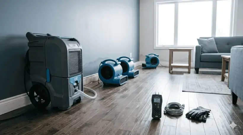 Air movers and a dehumidifier drying a living room after water damage in Alhambra